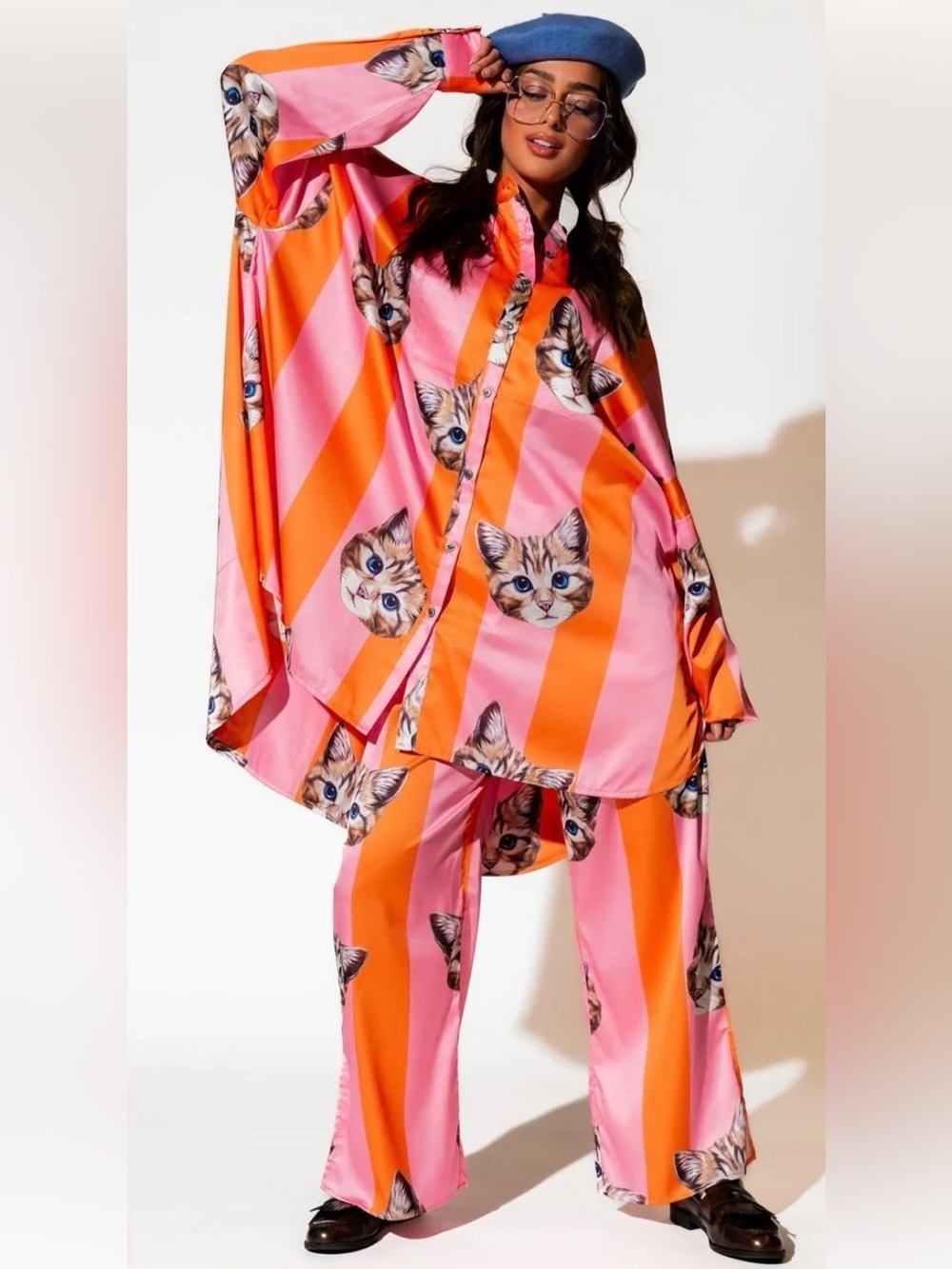 Dressed in Lala Meow or Never Kitty Satin Playsuit, 2 Piece Matching Set - Picture 2 of 9
